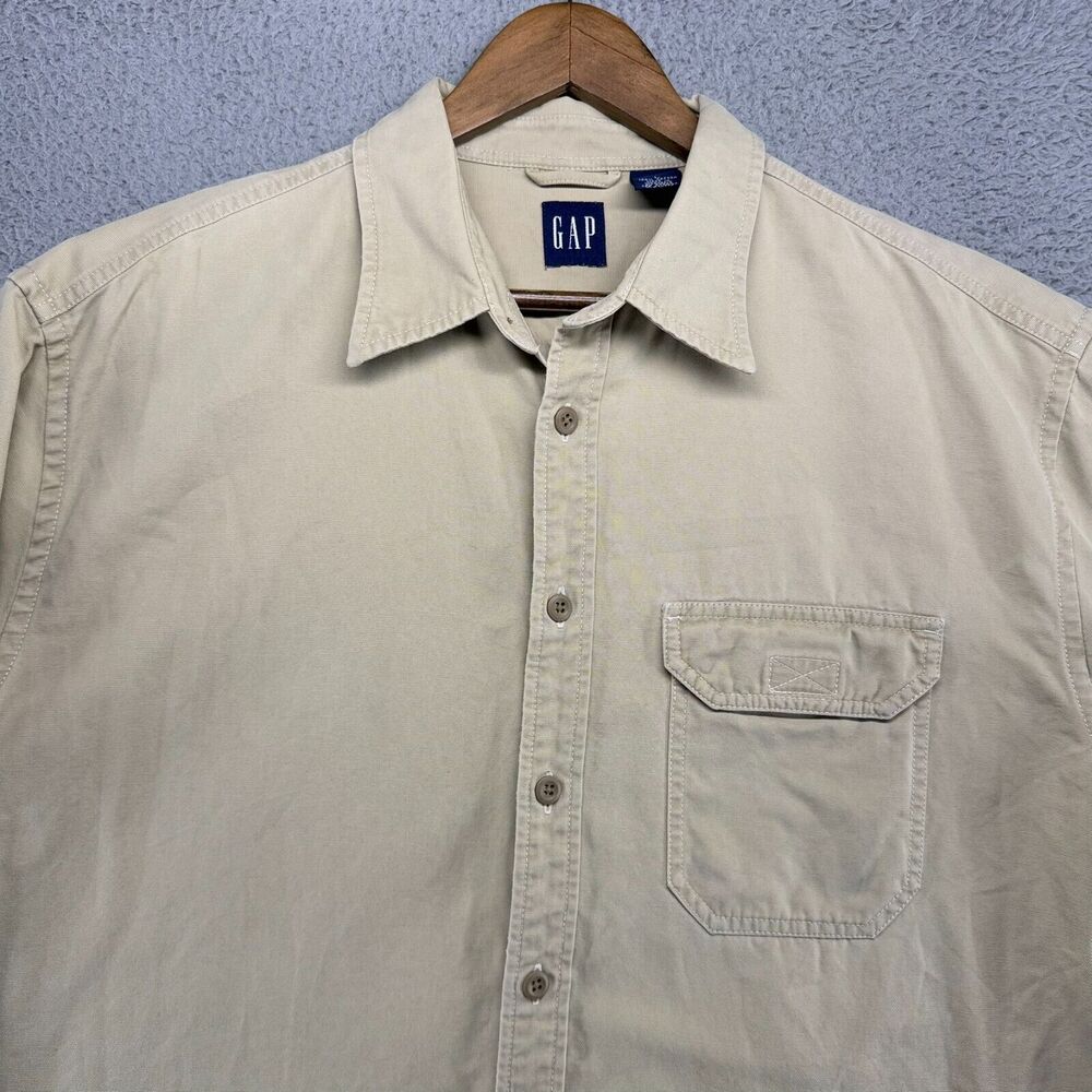 Vintage Gap Shirt Men's Large Beige Tan Safari canvas Twill Outdoor Pocket 90s